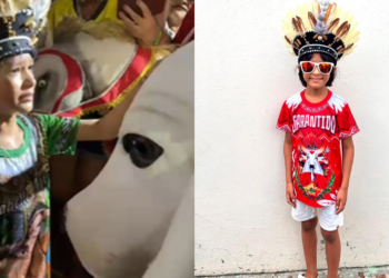 Heitor se emociona ao encontrar o Boi Garantido - (Foto: Arquivo pessoal)