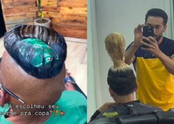 Em clima de Copa do Mundo, barbeiro viraliza ao criar cortes de cabelo em formato de estádio