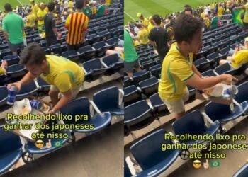 Influenciador viraliza ao recolher lixo em estádio em tom de ironia após vitória do Brasil sobre o Japão