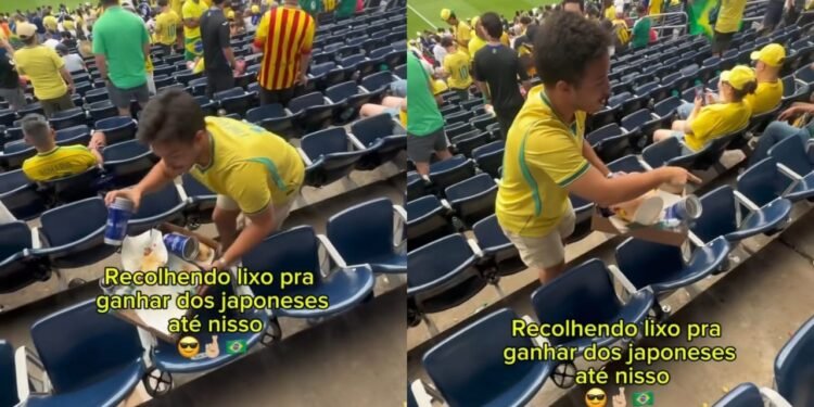 Influenciador viraliza ao recolher lixo em estádio em tom de ironia após vitória do Brasil sobre o Japão