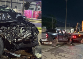 Motorista de caminhonete fica ferido após acidente com caminhão-guincho no Tarumã