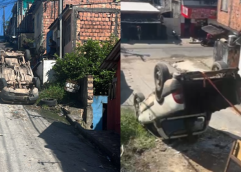 Carro capota em ladeira com buraco - (Foto: Reprodução/Redes Sociais)