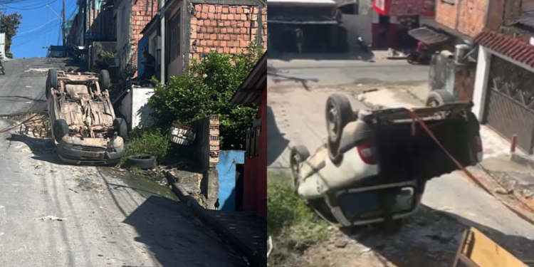 Carro capota em ladeira com buraco - (Foto: Reprodução/Redes Sociais)