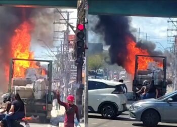 Caminhão é destruído por incêndio na avenida Autaz Mirim, em Manaus