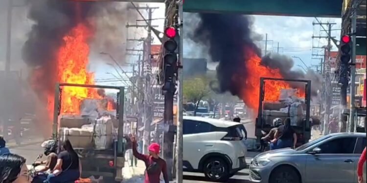 Caminhão é destruído por incêndio na avenida Autaz Mirim, em Manaus