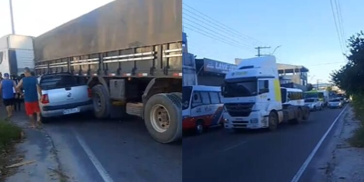 Acidente entre caminhão e carro deixa trânsito lento na avenida Autaz Mirim