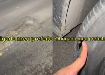 Motorista por aplicativo tem pneu furado após cair em buraco na Avenida do Turismo e critica Prefeitura de Manaus