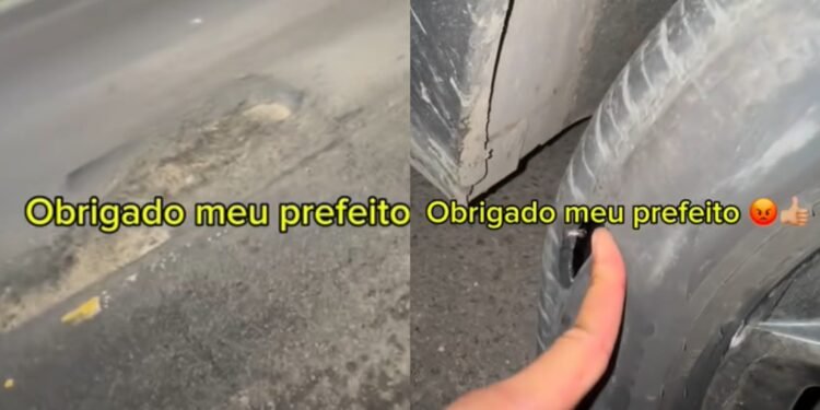 Motorista por aplicativo tem pneu furado após cair em buraco na Avenida do Turismo e critica Prefeitura de Manaus