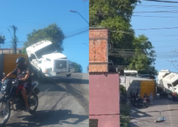 Caminhão com contêiner tomba em via - (Foto: Reprodução/Redes Sociais)