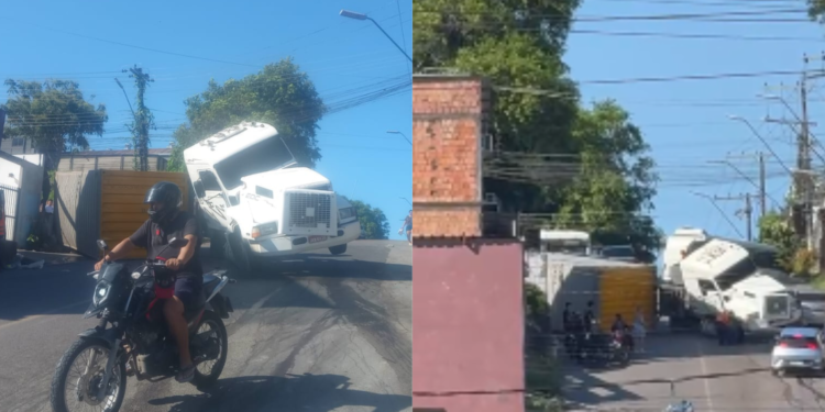 Caminhão com contêiner tomba em via - (Foto: Reprodução/Redes Sociais)