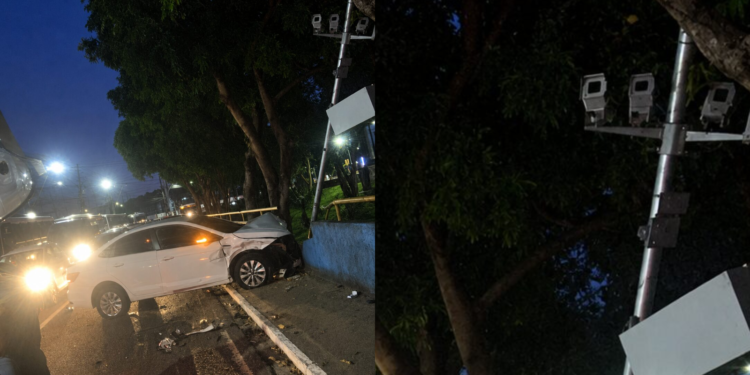Dois veículos colidem e e resultou na destruição de um radar de fiscalização eletrônica - (Foto: Reprodução/Redes Sociais)