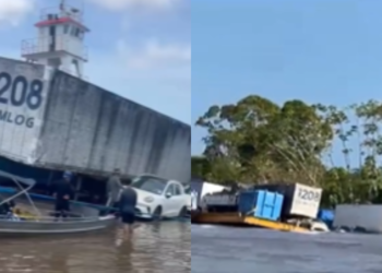Balsa fica parcialmente submersa durante viagem para Parintins