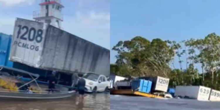 Balsa fica parcialmente submersa durante viagem para Parintins