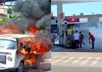 Veículo pega fogo durante abastecimento de combustível em Iranduba - (Foto: Reprodução/Redes Sociais)