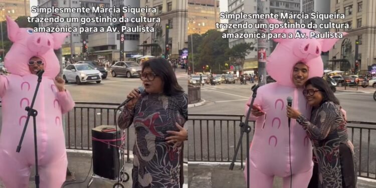 Márcia Siqueira canta toada ao lado de ‘Porquinho da Paulista’ em São Paulo