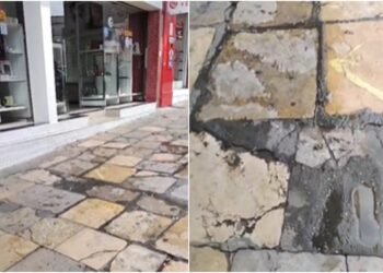 Água escorre pela calçada e aposentada cobra solução vazamento no Centro
