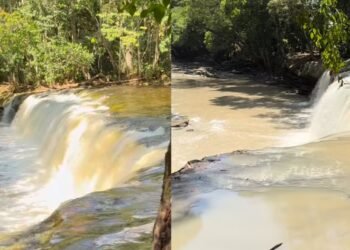 Homem se emociona ao mostrar água barrenta em cachoeira de Presidente Figueiredo: ‘Nunca tinha visto isso’
