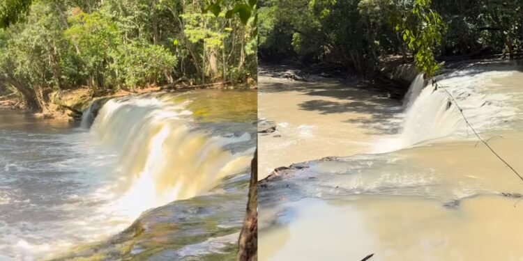 Homem se emociona ao mostrar água barrenta em cachoeira de Presidente Figueiredo: ‘Nunca tinha visto isso’