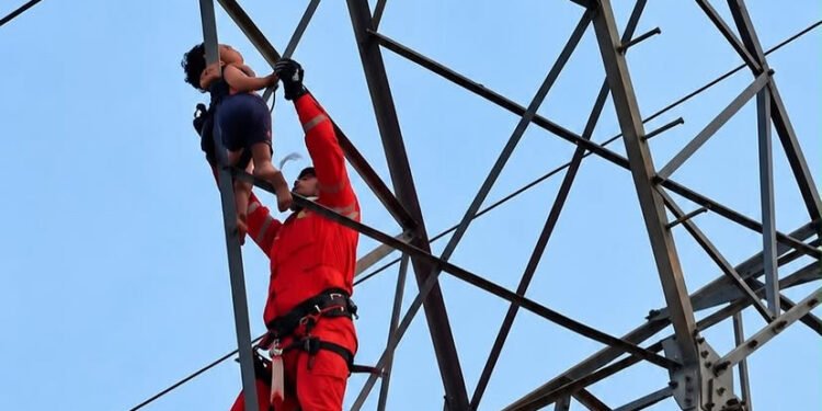 Menino de 5 anos é resgatado por bombeiros no topo de torre de alta tensão