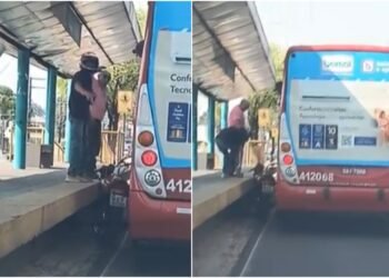 Moto fica presa entre ônibus e plataforma após ultrapassagem na Grande Circular