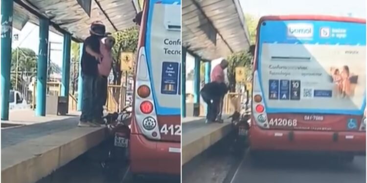 Moto fica presa entre ônibus e plataforma após ultrapassagem na Grande Circular