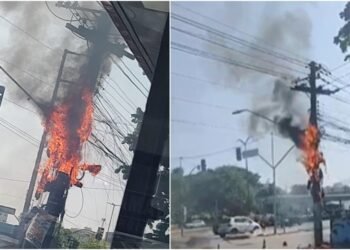 Poste pega fogo e avenida Cosme Ferreira é isolada após queda de fios
