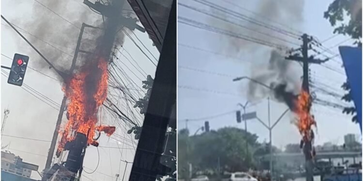 Poste pega fogo e avenida Cosme Ferreira é isolada após queda de fios