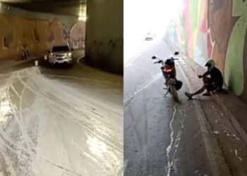 Motociclista derrapa sobre tinta e cai em túnel do Complexo Viário Rei Pelé, em Manaus