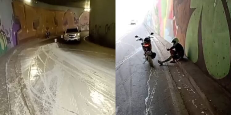 Motociclista derrapa sobre tinta e cai em túnel do Complexo Viário Rei Pelé, em Manaus