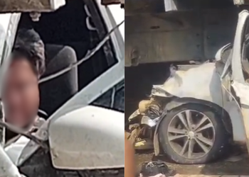 Acidente entre carro e caminhão deixa homem preso às ferragens