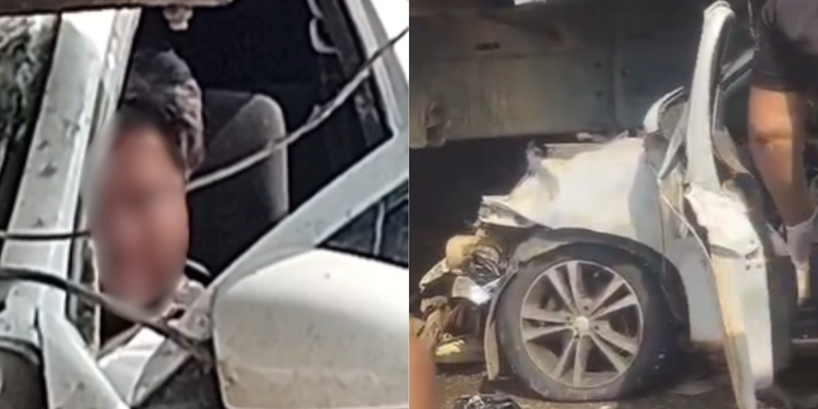 Acidente entre carro e caminhão deixa homem preso às ferragens