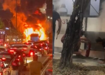 Ônibus pega fogo na Constantino Nery e deixa trânsito congestionado em Manaus