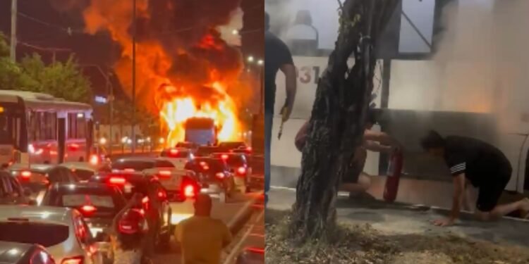 Ônibus pega fogo na Constantino Nery e deixa trânsito congestionado em Manaus