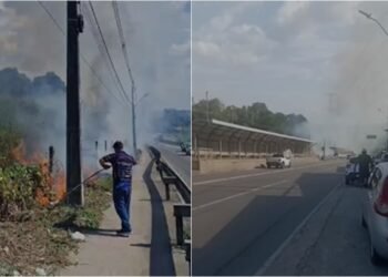 Incêndio atinge área de vegetação e espalha fumaça na avenida das Torres