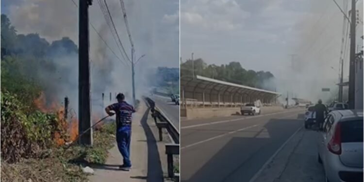Incêndio atinge área de vegetação e espalha fumaça na avenida das Torres