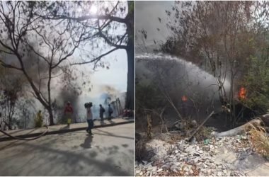 Bombeiros combatem incêndio em área de mata cercada por lixo no Distrito Industrial