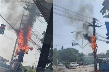 Fios caíram sobre a via após o incêndio e o trecho precisou ser isolado por segurança (Foto: Reprodução/Redes Sociais)
