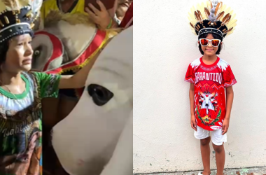 Heitor se emociona ao encontrar o Boi Garantido - (Foto: Arquivo pessoal)