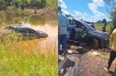 Médico sai ileso após picape cair em rio na estrada de Manaquiri - (Foto: Reprodução/ Redes sociais)