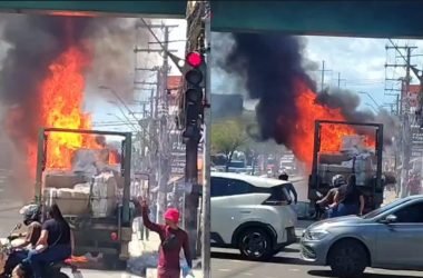 Caminhão é destruído por incêndio na avenida Autaz Mirim, em Manaus