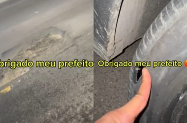 Motorista por aplicativo tem pneu furado após cair em buraco na Avenida do Turismo e critica Prefeitura de Manaus - (Fotos: Reprodução/Instagram)