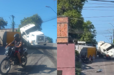 Caminhão com contêiner tomba em via - (Foto: Reprodução/Redes Sociais)