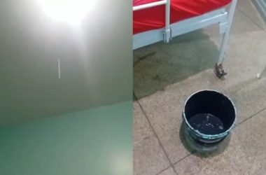O vídeo divulgado mostra a água escorrendo pelo teto no Hospital Regional Hilda Freire (Foto: Reprodução/Redes Sociais)