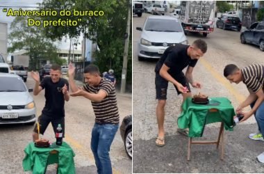 ‘Buraco do prefeito’: influenciadores fazem festa de aniversário para buraco no bairro Japim - (Foto: Reprodução/ Instagram- vitorvl__
 e 
modric_duarte)